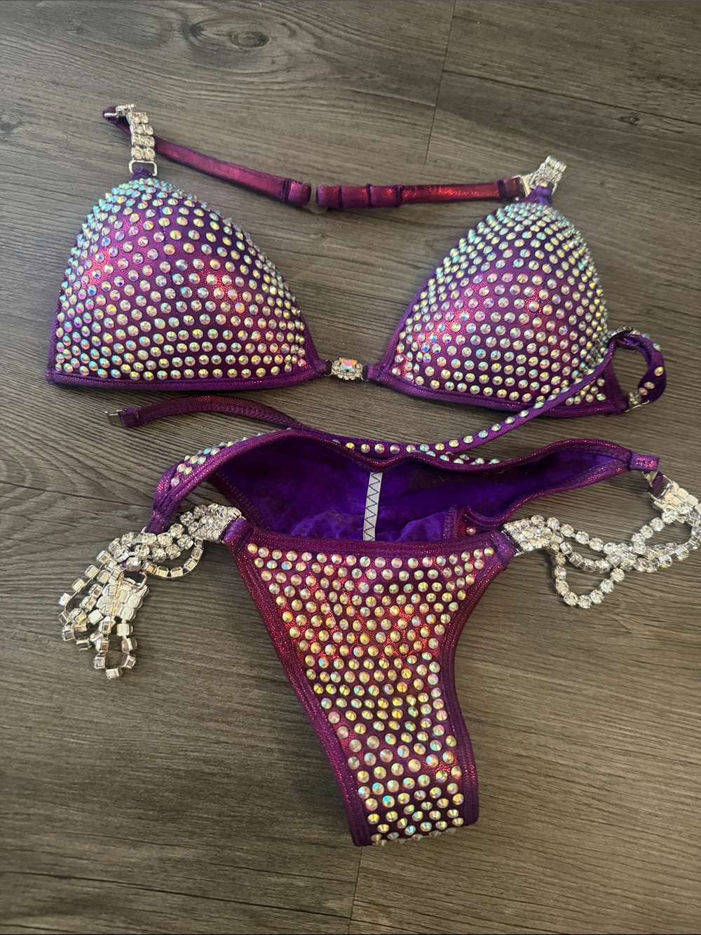 Purple Rhinestone Embellished Bikini Set - Women's Swim